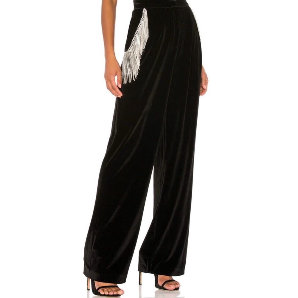 LPA Carlotta Rhinestone Fringe Trim Black Velvet Wide Leg Pants M NWT